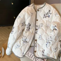 Куртки Вельветовая окантовка из хлопка с подкладкой, зимнее пальто для женщин, эстетическая Y2K, элегантная куртка-бомбер с цветочным принтом, корейская модная уличная одежда
