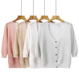 Cardigans 7 Candy Color Short Sticke Cardigans Women Summer Three Quarter Sleeve Basic Casual Cardigan Sweaters Female Knit Jumper Top