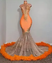 Schwarze Mädchen-Abschlussball- und Abendkleider in Orange im Meerjungfrau-Stil, mit Perlen besetzt, mit Pailletten, Stehkragen, Federn, Luxusrock, Abendparty, formelle Kleider BC14825