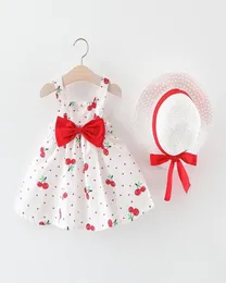 Kleinkindkleid für Mädchen, ärmellos, Kirschschleife, Prinzessinnenkleider, Schleife, Hut, Outfits, 1. Geburtstagskleid, Bebek Elbise, Baby-Mädchen-Kleidung, 8406318