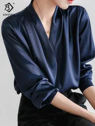 Vårens ankomst Kvinnor Elegant Satin Blue Lantern Sleeve V-hals Office Navy Shirt Vintage Autumn Casual Tops T24401X 240307