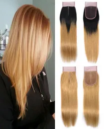27 Honey Blonde Pure Color 1B27 Dark Root Blonde Ombre Color Natural Black Straight Closure Hair Brazilian Peruvian Malaysian H9639880