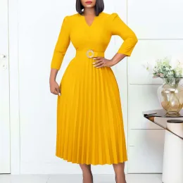 Kleid Elegante Plissee Kleider für Frauen V-ausschnitt Volle Hülse Gürtel Taille Solide Mittlere Waden Professionelle Business Arbeit Tragen Vestidos mujer