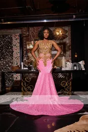 Glitter Pink Mermaid Prom Dress 2024 For Black Girls Sparkly Gold Crystal Rhinestones Beading Birthday Party Sequins Gowns