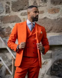 Jackets Custom Made Men Suits Dark Orange Groom Tuxedos Peak Lapel Groomsmen 3 Pieces Set Wedding ( Jacket + Pants + Vest )