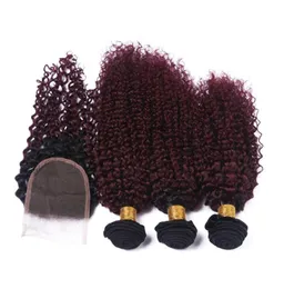 Dwa tony 1B99J Wine Red Ombre Kinky Curly Peruvian Virgin Human Hair Weves 3bundles z ciemnymi korzeniami Burgundii Ombre 4x4 Lace Clos 5016579