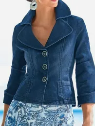 Spring Fashion Lapel Collar Denim Jacket Women Single-breasted Button Slim Solid Blue Jeans 3/4 Sleeve Pocket Blazers Coat Mujer 240301