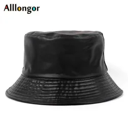 2021 Reversible France Black Leather Folding Women's Bucket Hat Women Bob Fishing Hats Fisherman Cap Men Gorros Pescador Hip 225k