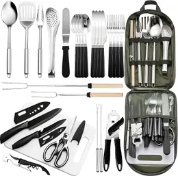 Conjunto de utensílios de cozinha de acampamento portátil-kit de panelas de 27 peças, conjunto de viagem organizador de utensílios para cozinhar e grelhar ao ar livre em aço inoxidável perfeito para viagens, piqueniques, trailers,