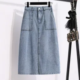 Saia de verão nova cintura alta denim saia feminina moda grande bolso dividir coreano midi jeans saia solta tamanho grande feminino roupas inferiores