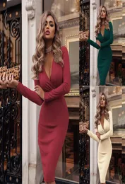 7 Colors Women Dresses Bodycon Dresses Autumn And Winter Long Sleeve Sexy Deep VNeck Party Mini Dress Ladies Solid Color SXXL111075286