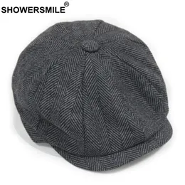 Showersmile preto cinza lã chapéu homem newsboy bonés espinha de peixe tweed quente inverno octogonal chapéu masculino feminino gatsby retro plana bonés s1257u