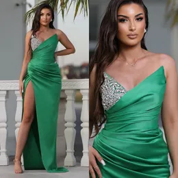 Green Sheath Prom Dress Beads V Neck Split Formal Evening Dresses Elegant Ogstuff Pleats Party Gowns For Special Ocns Robe De Soiree