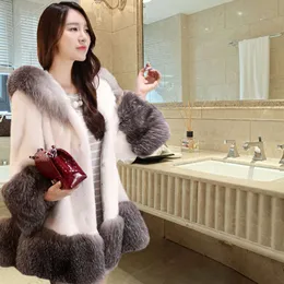 Haining pele 2023 outono/inverno feminino comprimento médio com capuz casaco falso coelho moda camisola espessada 971553
