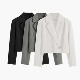 Moda feminina elegante curto blazer casual trabalho de escritório vintage cor sólida manga longa gola entalhada jaqueta dupla breasted 240223