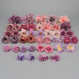 Flores decorativas 44pcs cabeças de flor de seda artificial ameixa peônia rosa conjunto em tamanho misto a granel para artesanato diy guirlanda de festa de parede floral