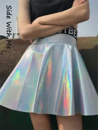 Dresses Jo's Magia Box Y2k Holographic Pleated Sexy Women Mini Skirts Pu Rainbow Laser Haruku Party Club Highwaisted Women's Skirts