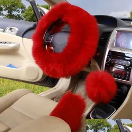 Steering Wheel Covers 3Pcs/Set Winter Long Wool Car Steering Wheel Gear Knob Shifter Parking Brake Er Warm Soft P Women Accessories 6C Dhltz