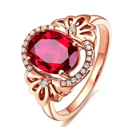 Fashion Flower 3 Red Crystal Ruby Gemstones Diamonds Rings for Women Rose Gold Color Jewelry Bague Bijoux Party Gifts9057762