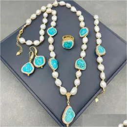 Örhängen halsband örhängen halsband barock sötvatten pärla turkos malm set utsökta druzy tjeckiska diamant fyrdelar för strand p dhniy