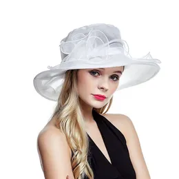 Lawliet Beyaz Yaz Şapkaları Kadınlar İçin Bayanlar Organza Geniş Brim Sun Kentucky Derby Düğün Kilisesi Partisi Çiçek Şapka Kapağı A002 Y2006192572