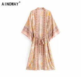 Vintage Chic Women At Çiçek Baskı Kanatları Bohemian Kimono Ladies v Boyun Batwing Sleeves Boho Maxi Elbise T2003215800344