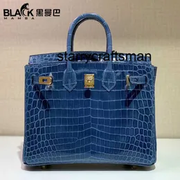 Genuine Leather Handbag LL Black Crocodile Skin High Bag 25CM Bright Face Womens Handheld High Grade Feel Bag Luxury Blue