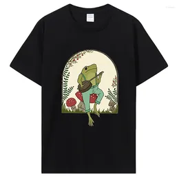 قمصان الرجال اللطيفة CottageCore Thirts Frog الجمالية تلعب Banjo على قميص الفطر Men Cotton Graphic Tshirt Edgun