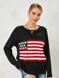 Pullover Donna Maglione con bandiera americana Stampa vintage Manica lunga Girocollo Maglione lavorato a maglia Pullover lavorato a maglia estetico anni '90 Streetwear