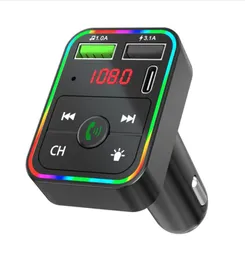 F7 F8 CAR Bluetooth 5.0 FM Transmitter 7-Color Atmosphere Lightr Kit Mp3 Modulator Wireless Handsfree O Recever RGB مع Box6237592