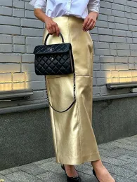 Skirt Mumaroho 2023 Autumn Winter Women Sexy Bodycon Maxi Leather Skirts Solid Gold High Waist Office Pencil Long Skirt For Women