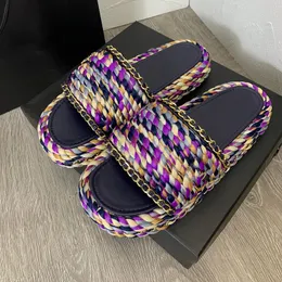 Kadınlar Straw Platform Tasarımcı Slayt Lüks Terlik Metal Zincir Kenevir Halat Plaj Kaydırıcıları Kalın Alt Yaz Ayakkabıları Boyut 35-42