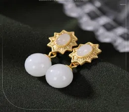 Dingle örhängen S925 Sterling Silver Goldplated Inlaid Natural Hetian Jade White Personality Round Beads Women39S1751704