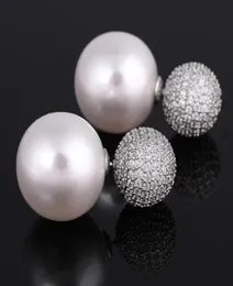 Xiumeiyizu Luxury 15mm Simulated Pearl Bubble Earring Full Prong Cubic Zirconia Reversible Double Ball Rhodium Stud örhängen 210313548382