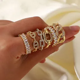 18k Gold Plated Iced Out Cuban Link Chain Ring Open Adjustable Stackable Baguette Shiny Cubic Zirconia Diamond Rings