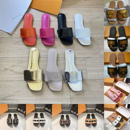 Women Lady Girl Designer Slides Outrole Summer Gold-Tone Circle Buckle Slippers Classic Lock It Flat Mule Slide Leather Slipper Brown Flower Rivival Sandal Shoes