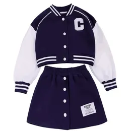 Junior Kids Baseball Uniform Suit Girls Fashion Splicing Letter Jacket Short Kjol 2 PCS School Clothing Trend 240307