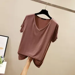 2024 Yeni Tasarımcı Gömlek Kadın Konu Sayımı Çift Mermerleştirilmiş Pamuk İnce Y2K BLION FIT Basit Yuvarlak Boyun Vneck Gömlek Kadın Tasarımcı Giyim İnce Kısa Kollu GH8M