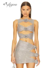 정장 Ailigou Women 's Silver Sexy Luxury Diamond 3d Flower Short Top Mini Skirt Hollow Fit 2 조각 세트 축하 나이트 클럽 파티 세트