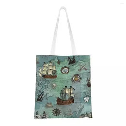 Shopping Bags Reusable Pirate Map Nautical Sea Print Bag Women Canvas Shoulder Tote Portable Skull Sailor Groceries Shopper