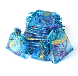 Blue Coralline Organza Drawstring Jewelry Packaging Pouches Party Candy Wedding Favor Gift Bags Design Sheer with Gilding Pattern 3520403