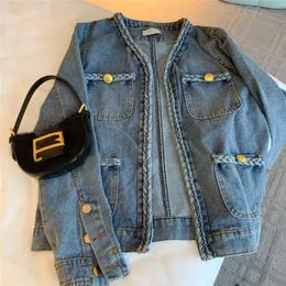 Super Porridge ~ Denim Coat Womens 2023 New Spring and Autumn Western Style liten doft Långärmad Cardigan Löst kort stil 231108