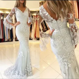 Elegante decote em v mangas compridas sereia vestido de baile com renda bordado vestidos de noite feitos sob encomenda até o chão zíper volta