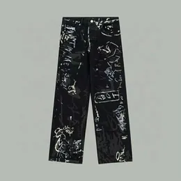 BSLENCISGS Ba Family new graffiti hand-painted inkjet jeans for men and women, floor mopping hip-hop, washed loose pants, straight leg