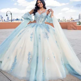 Sky Blue Sequined Appliques Beading Shiny Crystal Tull Ball Gown Quinceanera Dresses Spaghetti Strap Corset Vestidos de 15 Anos