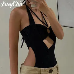 Kvinnors tankar tank ärmlös bandage halter bodysuit solid sexig tjej slips hals öppen suspender ihåliga hudtäta plagg toppar