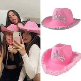 Szerokie brzegowe czapki 2022 Style western różowy kowbojowy czapka tiara cowgirl czapka dla kobiet dziewczyna urodzinowa impreza 308z
