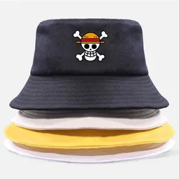 One Piece Bucket Hat Panama Cap the Pirate King Anime Luffy Harajuku Women Men Cotton Outdoor Sunscreen Wide Brim Hats Caps Q0805275J