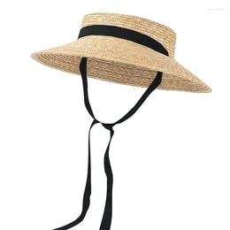 넓은 가슴 모자 gemvie 2024 패션 캡 라인 야외 봄 여름 넥타이 넥타이 모자 여성 선 보호 해변 평평한 빨대