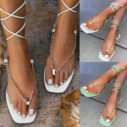 Ladies Solid Sandals 914 Fashion Color Flip Flops Chain Anklet Strap Flat Casual